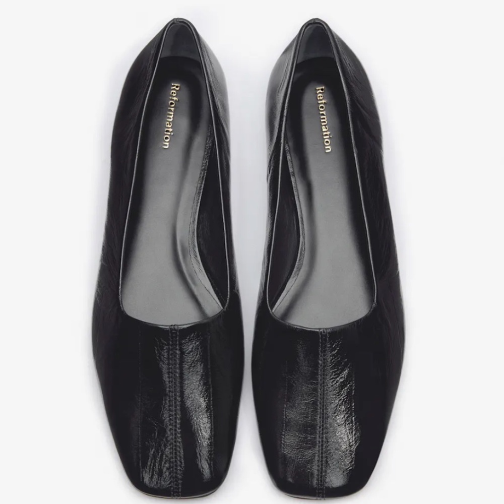 Reformation Inez Black Patent Leather Square Toe Ballet Flat